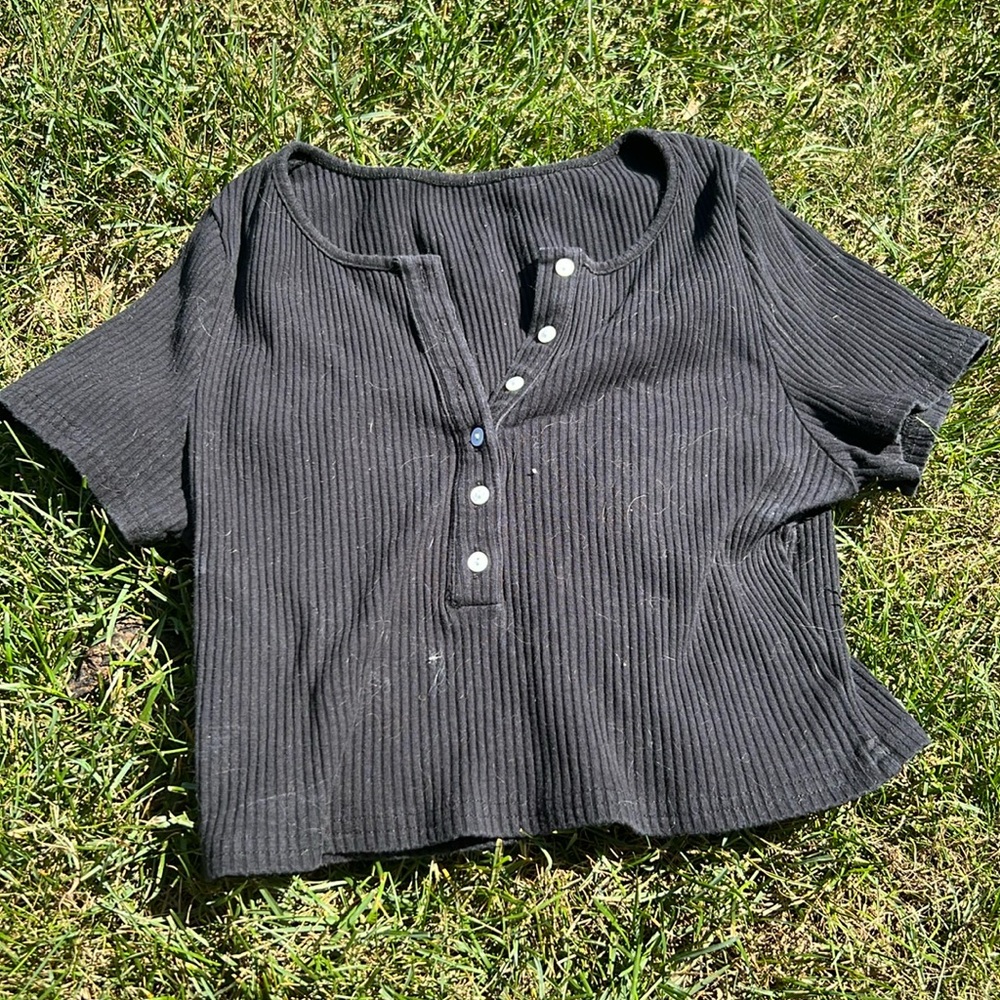 Princess Polly Ribbed Black Cropped Basic Button … - image 1